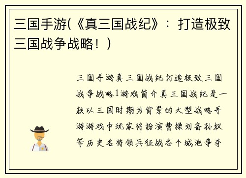 三国手游(《真三国战纪》：打造极致三国战争战略！)