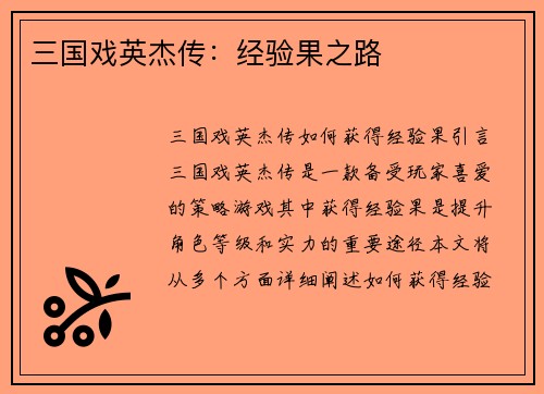 三国戏英杰传：经验果之路